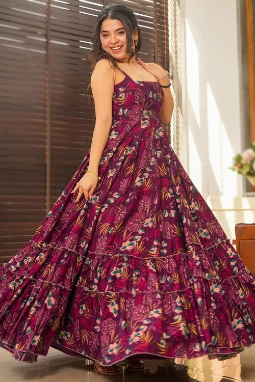 Buy 40 M Size Maroon Printed Indian Gowns Online for Women in UK