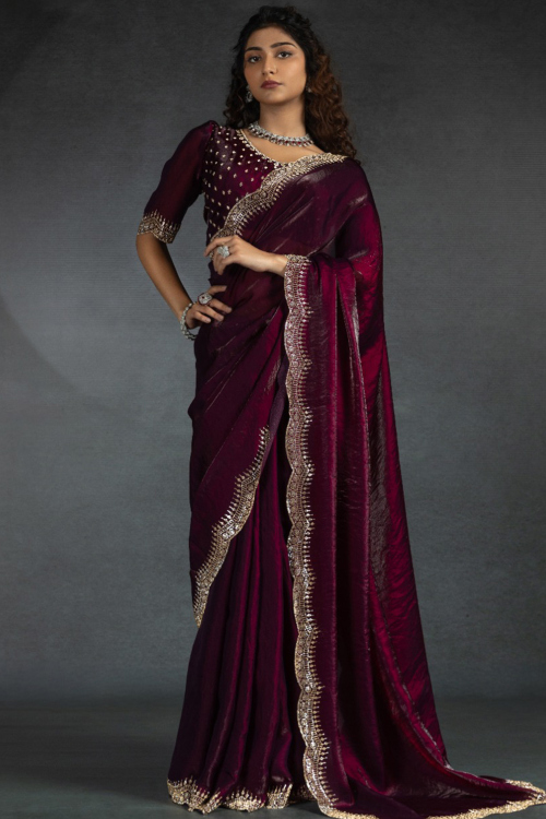 Burgundy Maroon Satin Silk Saree With Stone Work For Diwali