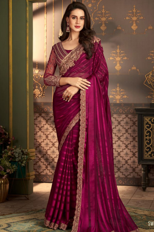 Burgundy Maroon Sequins Embroidered Chiffon Saree For Sangeet