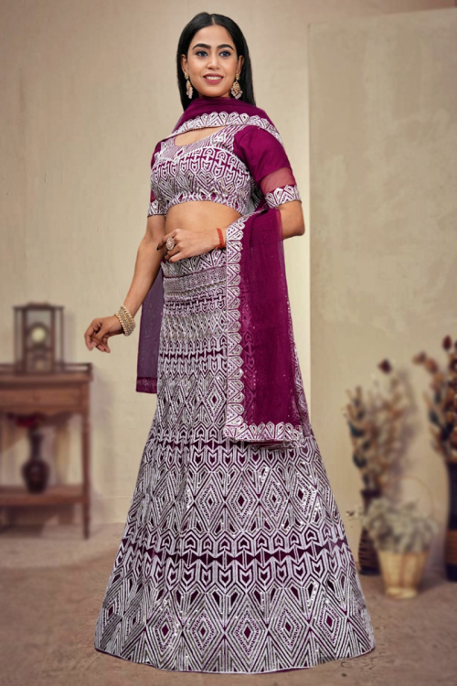 Burgundy Maroon Sequins Embroidered Panelled Style Lehenga 