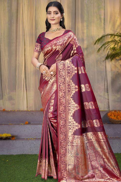 Burgundy Maroon Silk Blend Weaved Broad border Saree For Festival