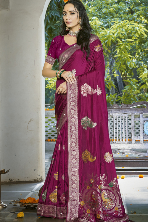 Burgundy Maroon Silk Blend Weaved Broad Border Saree 