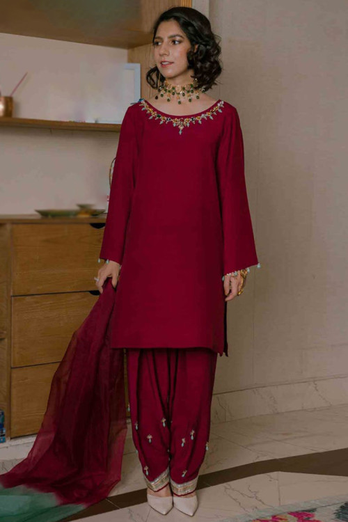 Burgundy Maroon Silk Embroidered Patiala Suit
