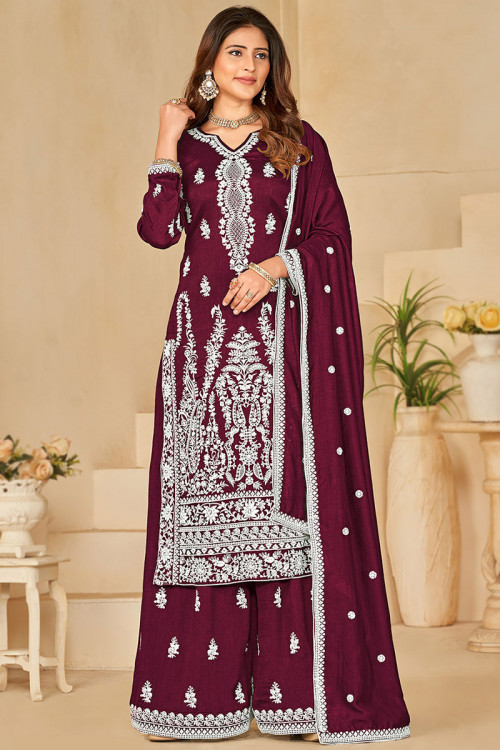 Burgundy Maroon Silk Embroidered Straight Cut Palazzo Suit