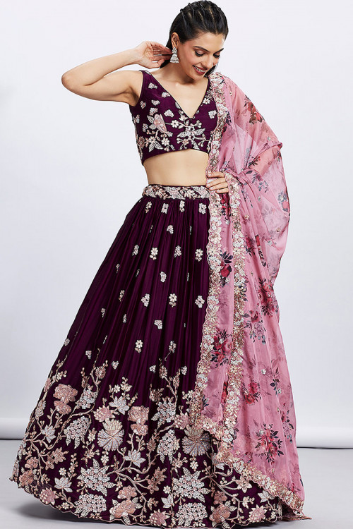 Burgundy Maroon Silk Sequins Embroidered Party Wear Lehenga 
