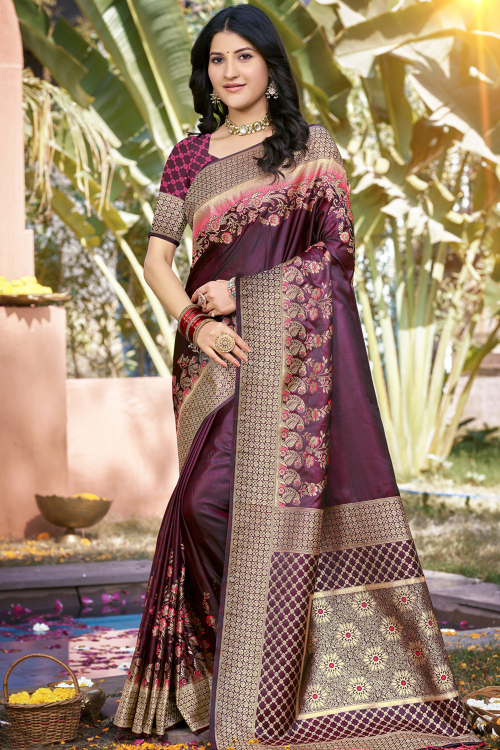 Maroon Banarasi Silk Saree with Gold Zari and Floral Weave