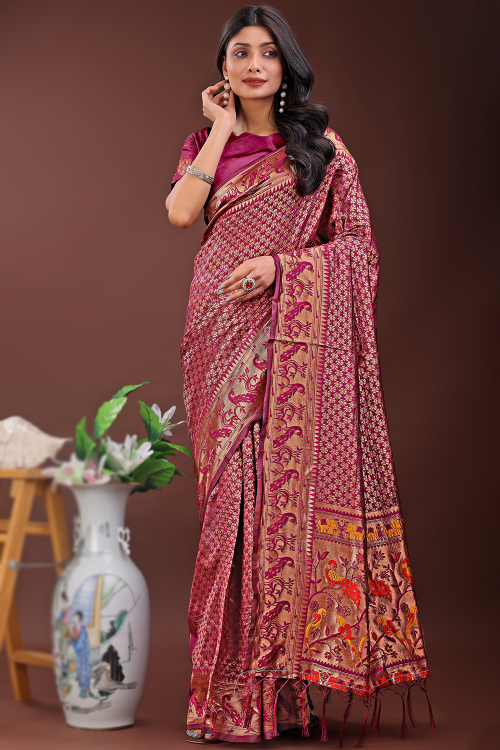 Burgundy Maroon Silk Woven Zari Paithani Saree 