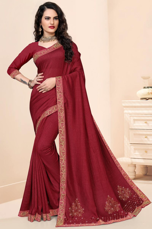 Brown plain body georgette designer saree with contrast Burgundy color  border & blouse of sequin work & embroidery