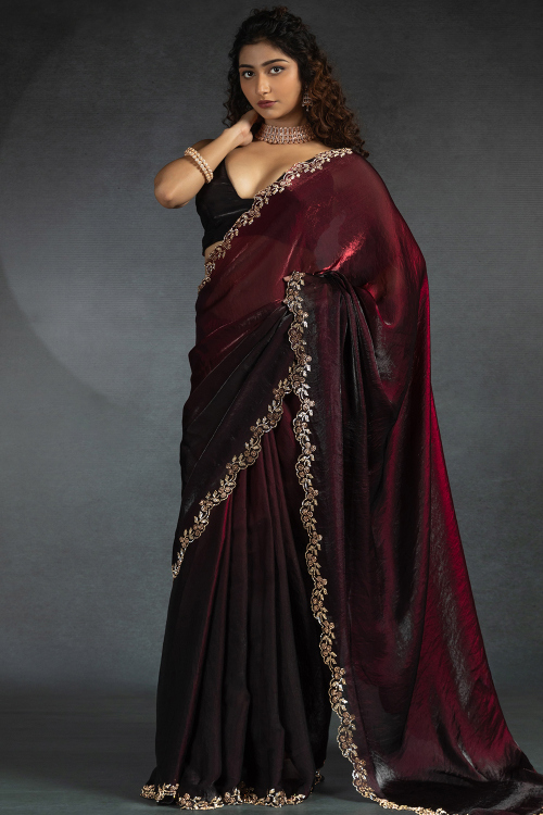Burgundy Maroon Tissue Silk Stone Embellished Saree