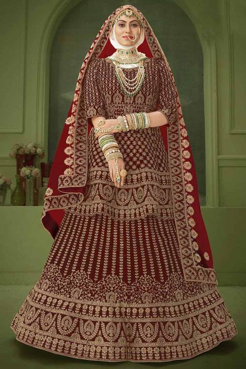 Burgundy Maroon Velvet A-Line Bridal Lehenga