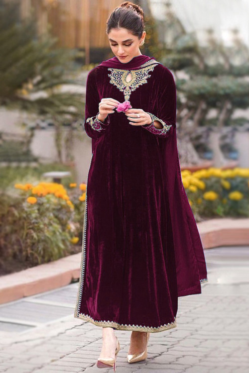Burgundy Maroon Velvet Embroidered Long Suit With Churidar 