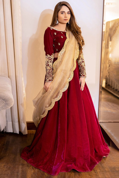 Buy Maroon Designer Bridal Wear Velvet Lehenga Choli Online - LEHV2426 |  Appelle Fashion