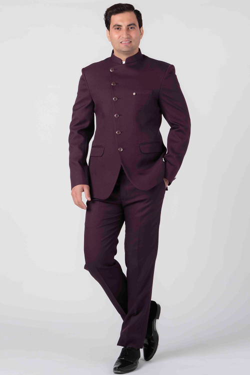 Burgundy Maroon Viscose Jodhpuri Style Plain Men's Coat Pant