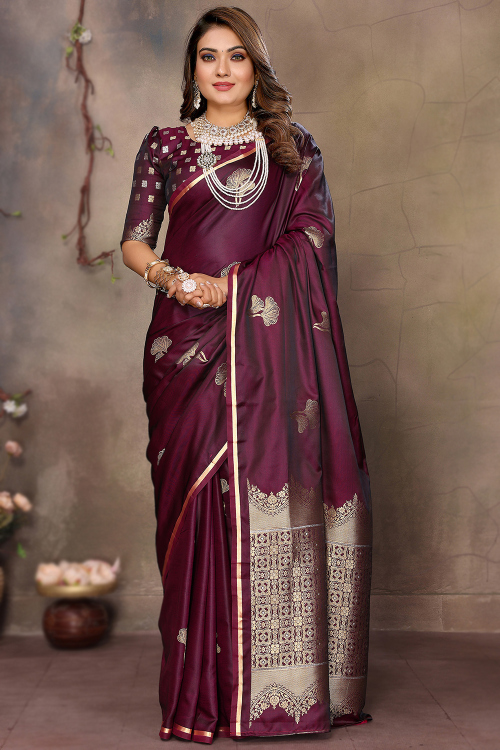 Burgundy Maroon Woven Zari Broad Border Art Silk Saree 