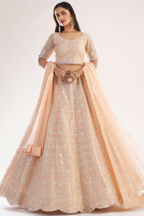 Butterfly Net Scalloped-Eged Lehenga In Peach 