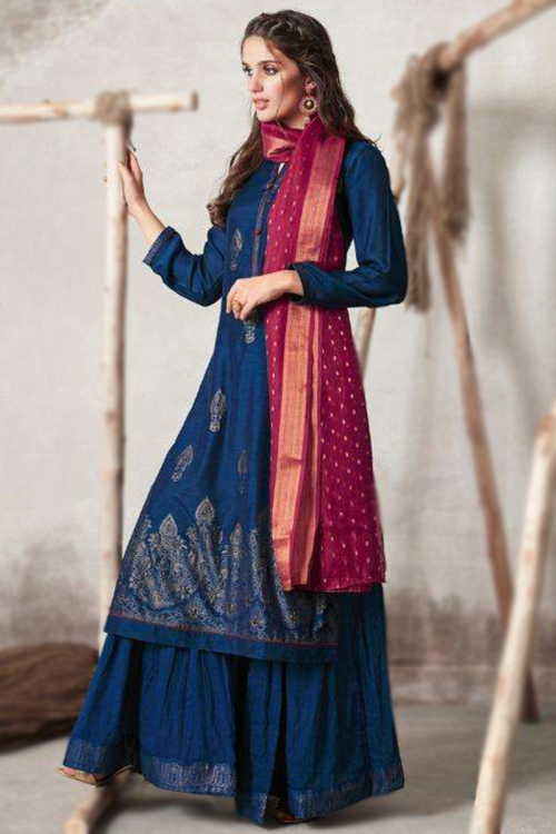 Buy Cotton Silk Dark Blue Foil Print Sharara Suit 