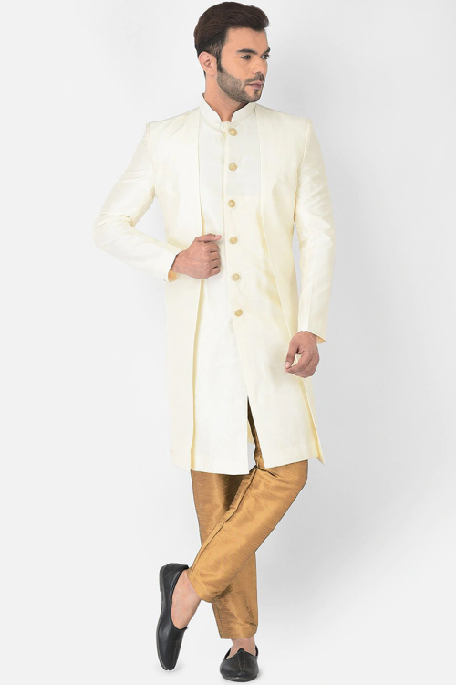 Buy Cream Dupion Silk Men's Jacket Style Indo-Western Sherwani