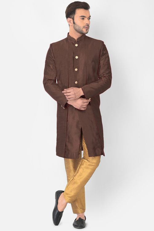 Buy Dark Brown Dupion Silk Men's Jacket Style Sherwani