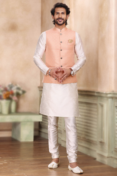 Buy Off White Dupion Silk Jacket Style Men's Kurta Churidar 