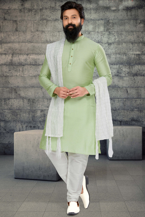 Buy Pistachio Green Jacquard Traditional Men's Kurta Churidar