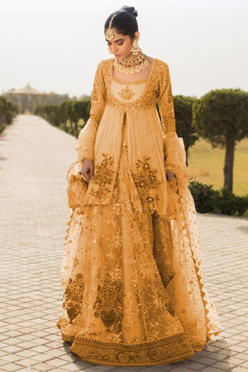 Resham Work Bridal Wear Lehenga in Gold Organza