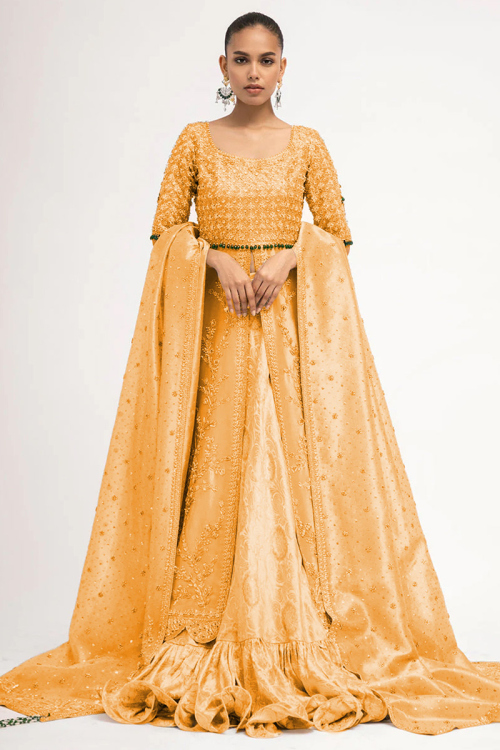 Long Choli Lehenga in Silk Gold for Party 