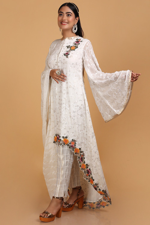 Straight Pant Trouser Suit in Georgette White for Eid