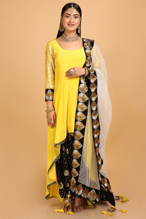 Yellow Silk Embroidered High-Low Style Suit With Patiala Salwar for Eid