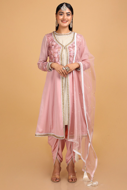 Mauve Pink Dupion Silk Jacket Style Tulip Pants Suit for Eid