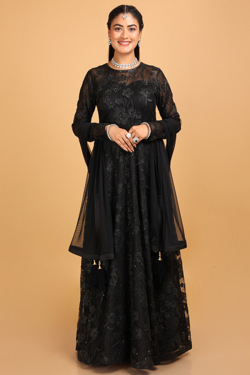 Net Anarkali Suit with Zari Embroidery in Black for Eid