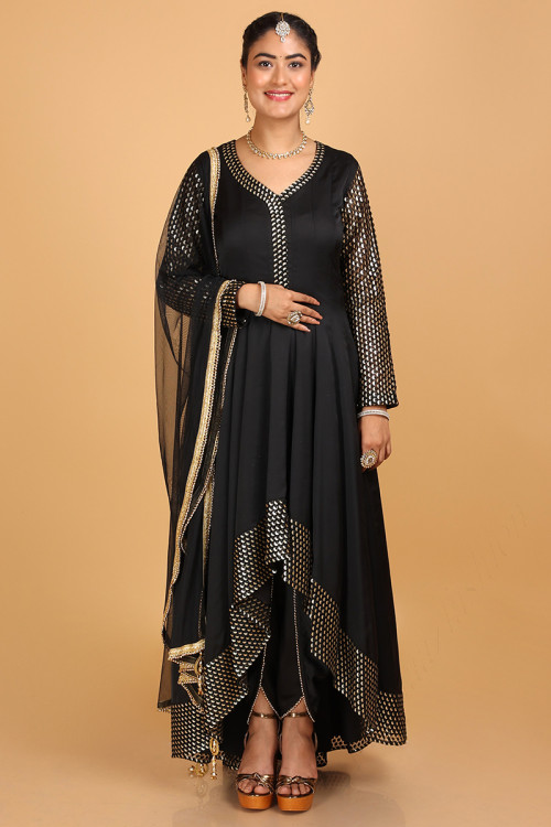 Black Florida Silk High Low Style Embroidered Anarkali Suit for Eid