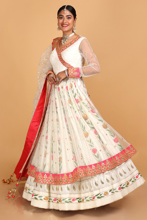 Violet Georgette Lehenga Adorned with Floral Prints and Sequins along with  Dupatta|Lehenga-Diademstore.com