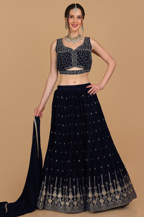 Navy Blue Georgette Silk Embroidered Lehenga
