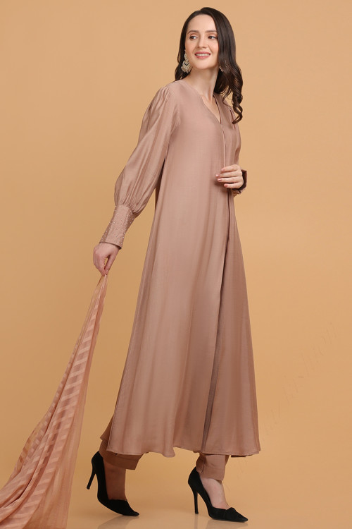 Linen Dusty Peach Beads Embroidered Trouser Suit for Eid