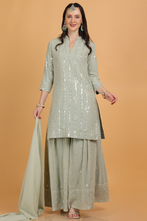 Buy Eid Special Georgette Dusty Green Embroidered Palazzo Suit for Eid