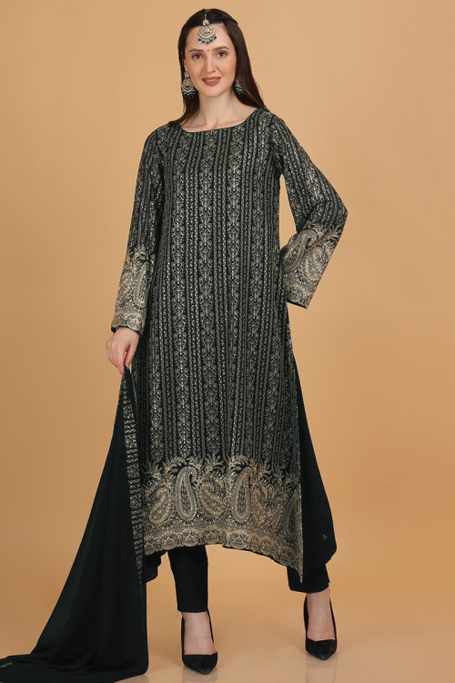 Georgette Dark Green Resham Thread Embroidered Trouser Suit for Eid