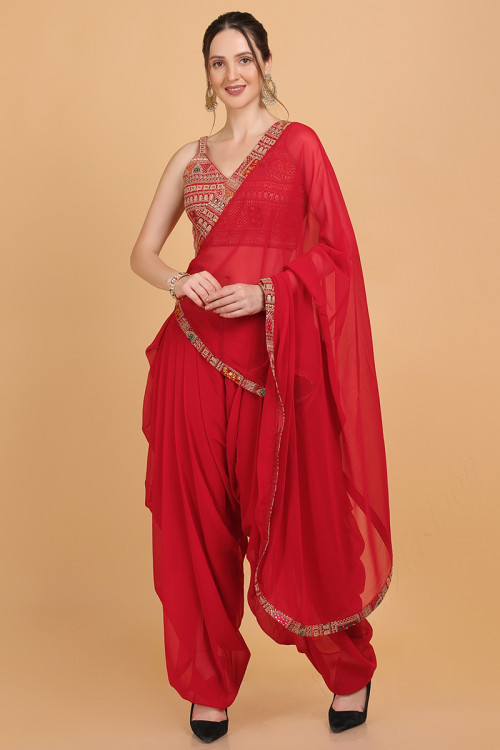 Chilly Red Embellished Eid Dhoti Pants With Top