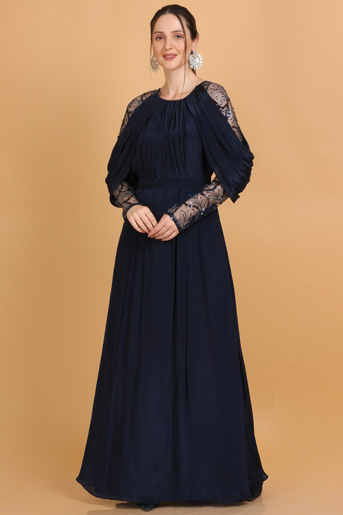 Satin Silk Navy Blue Embroidered Flared Style Gown for Eid