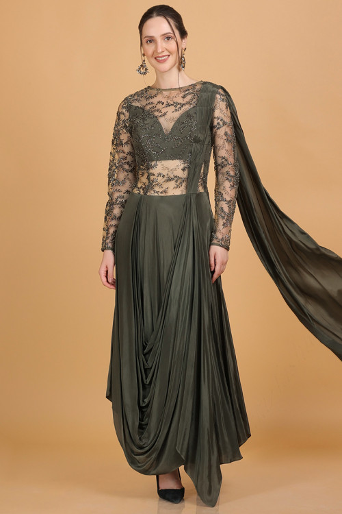Army Green Embroidered Indo-Western Soft Silk Gown for Eid