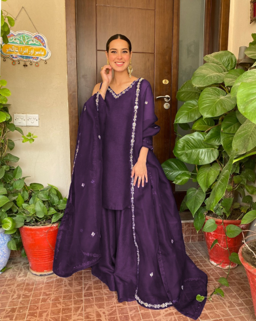 Violet Purple Silk Straight Cut Wedding Sharara Suit