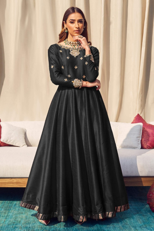 Black Bangalori Silk Embroidered Wedding Wear Anarkali Suit