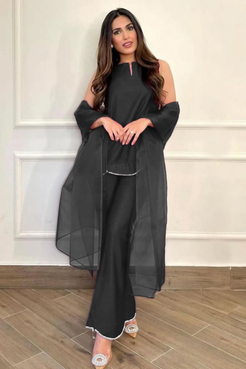 Silk Black Pearl Embroidered Straight Cut Palazzo Suit 