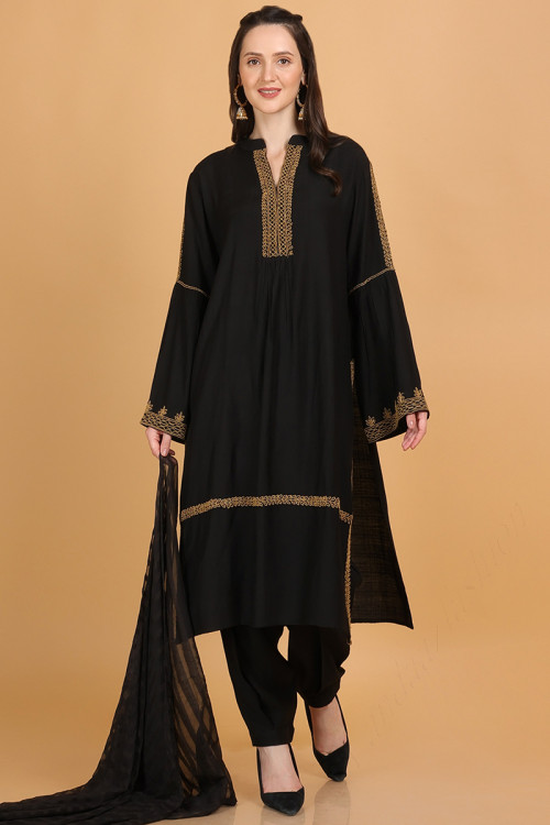 Cambric Cottom Beads Embroidered Black Trouser Suit for Eid