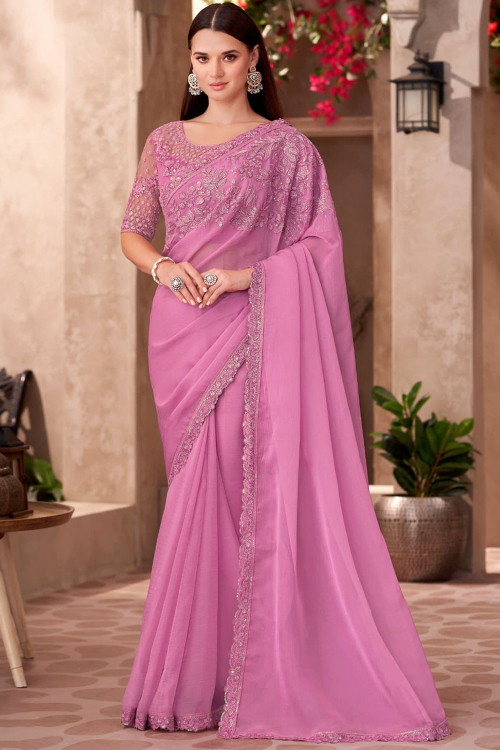 Carnation Pink Chiffon Saree With Sequins Work For Festival 