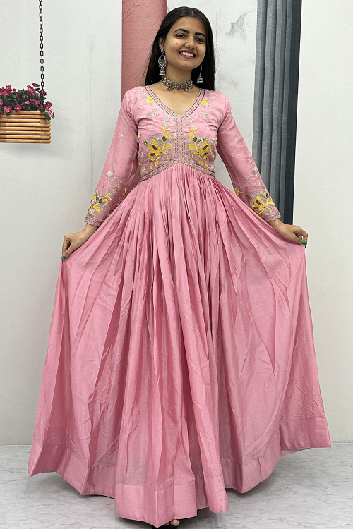 Carnation Pink Chinnon Anarkali Style Gown with Sequins Work 