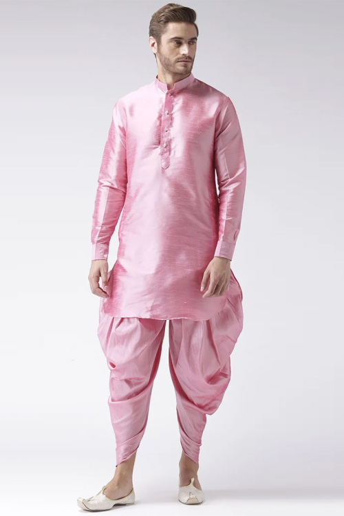 Carnation Pink Dupion Silk Straight Cut Men's Dhoti Kurta 
