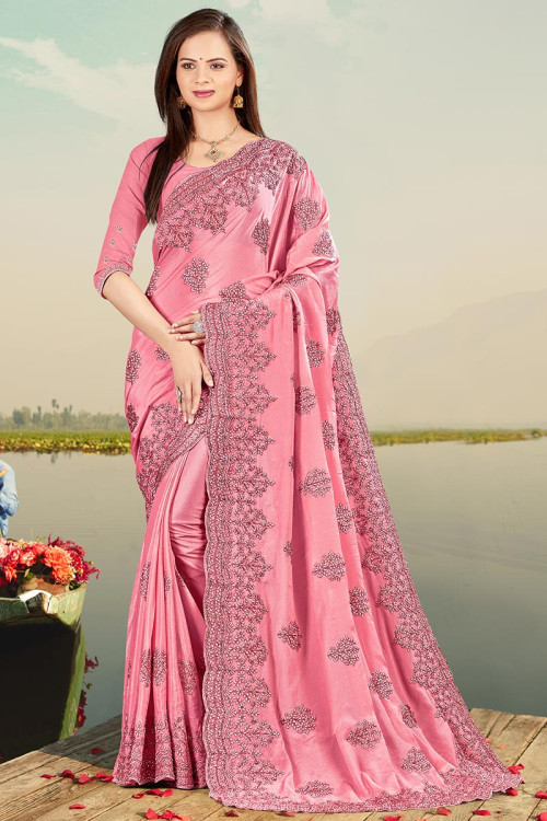 Carnation Pink Embroidered Chinnon Saree