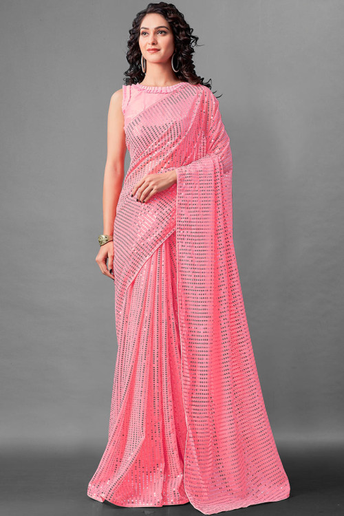 Fancy Saree in Georgette Carnation Pink for Bridesmaid 