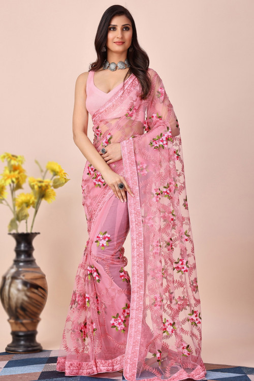 Carnation Pink Net Embroidered Saree For Sangeet 