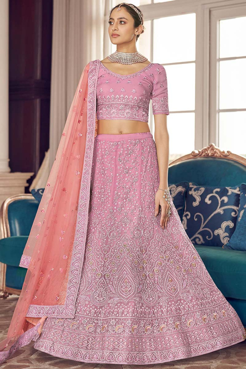 Carnation Pink Organza Embroidereed Lehenga